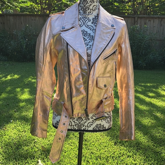 Zara Woman Metallic Rose Gold Leather Moto Jacket - Picture 3 of 16